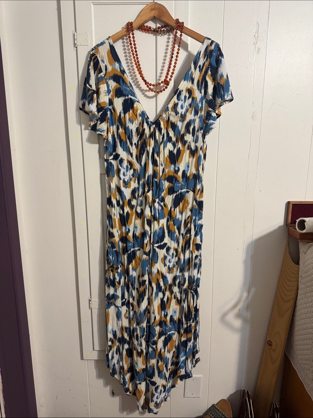 Blue and Mustard Print V-Neck Women's Jumper One-Piece XL